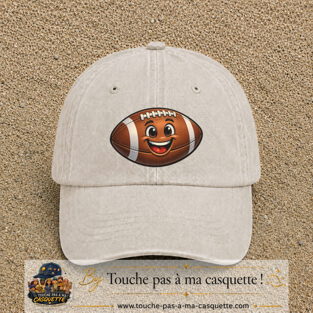 Casquette Beige clair délavé 100% coton avec motif Ballon de rugby sourire 7 cm - image principale