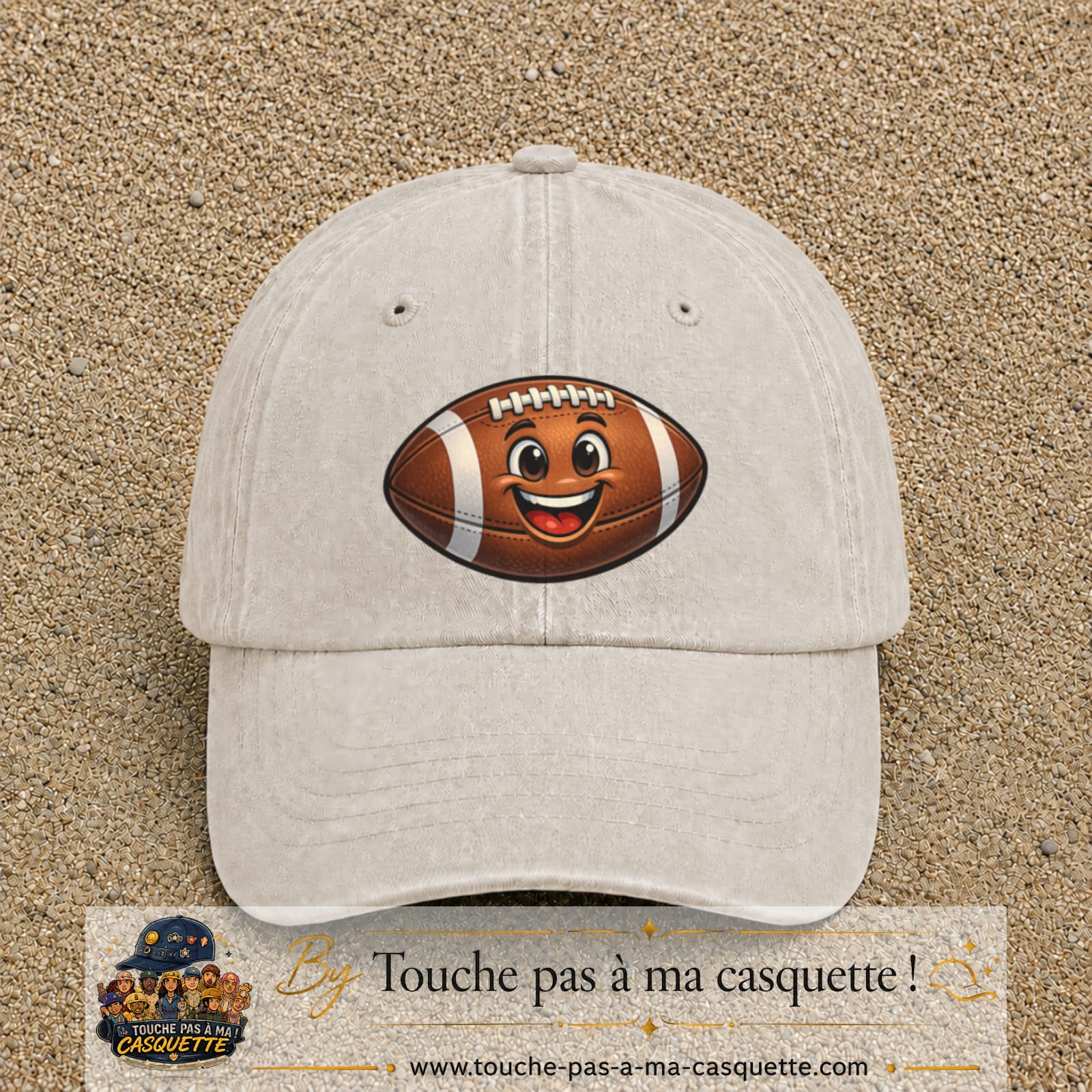 Casquette Beige clair délavé 100% coton avec motif Ballon de rugby sourire 7 cm - image principale