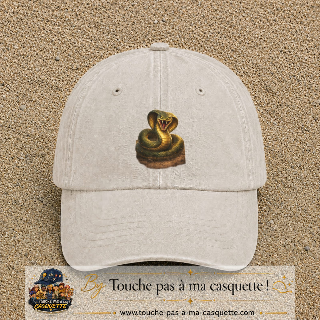Casquette baseball Beige clair délavé 100% coton avec visuel Cobra réaliste 7 cm - image produit principale
