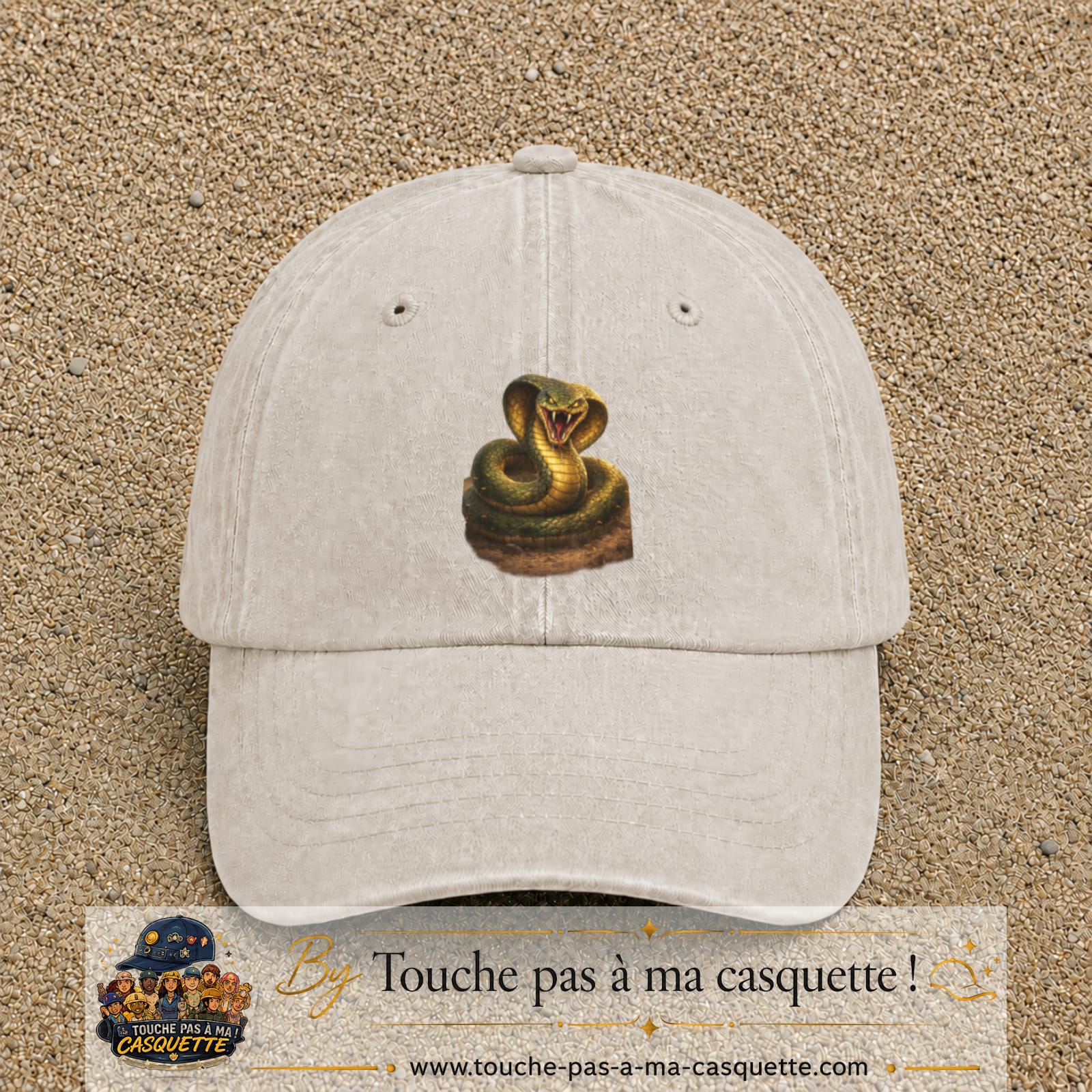 Casquette baseball Beige clair délavé 100% coton avec visuel Cobra réaliste 7 cm - image produit principale