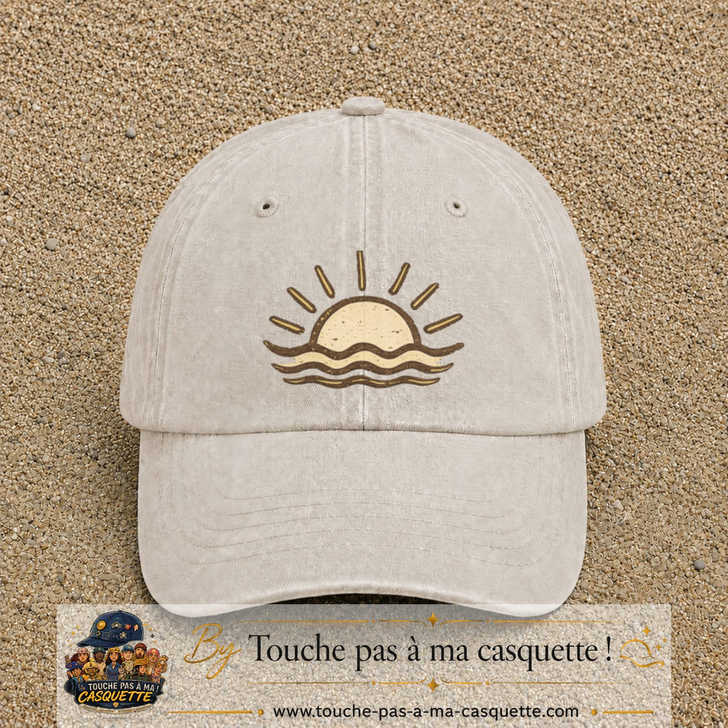 Casquette baseball Beige clair délavé 100% coton avec visuel Soleil et vagues 7 cm - image produit principale