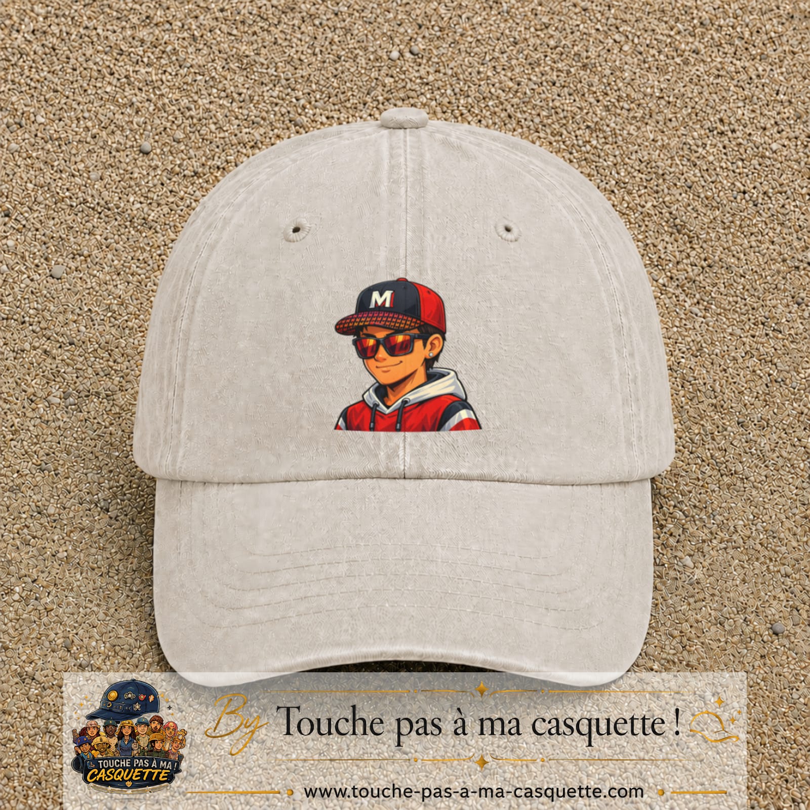 Casquette Beige clair délavé 100% coton avec motif Garçon casquette rouge et lunettes 7 cm - image principale