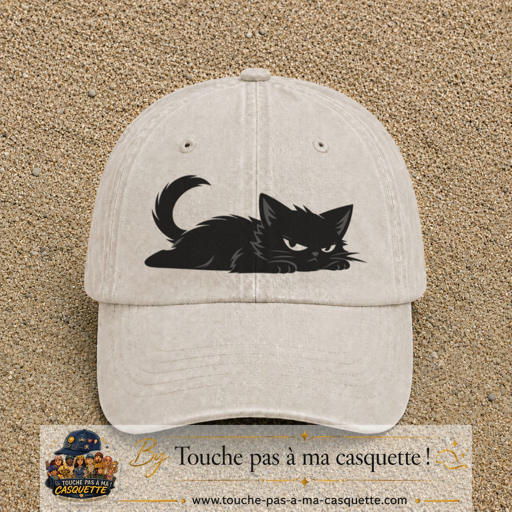 Casquette baseball Beige clair délavé 100% coton avec visuel Chat noir couché 7 cm - image produit principale