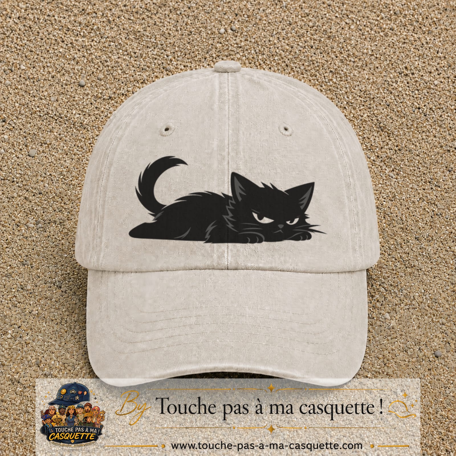 Casquette baseball Beige clair délavé 100% coton avec visuel Chat noir couché 7 cm - image produit principale