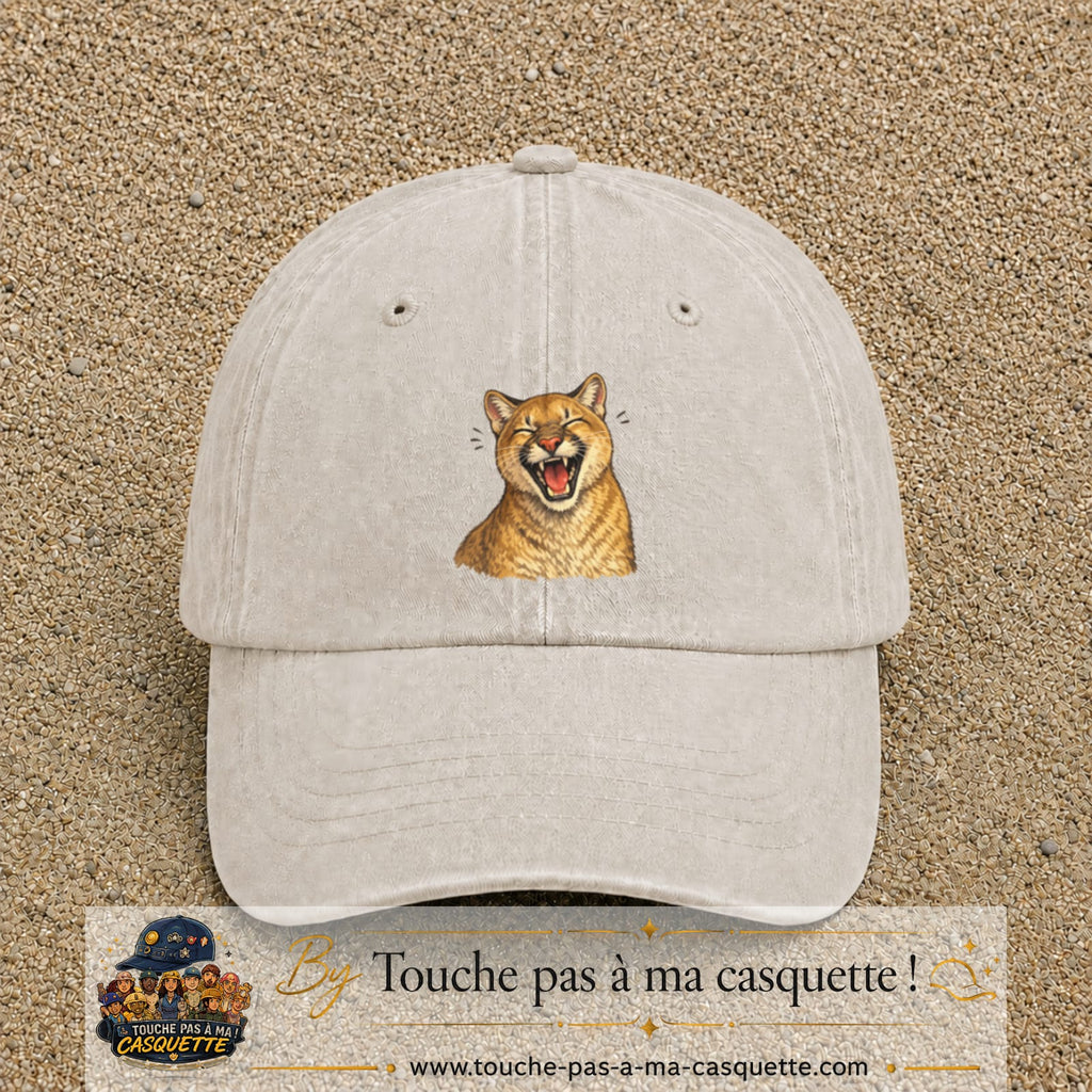 Casquette Beige clair délavé 100% coton avec motif Félin sauvage qui rit 7 cm - image principale