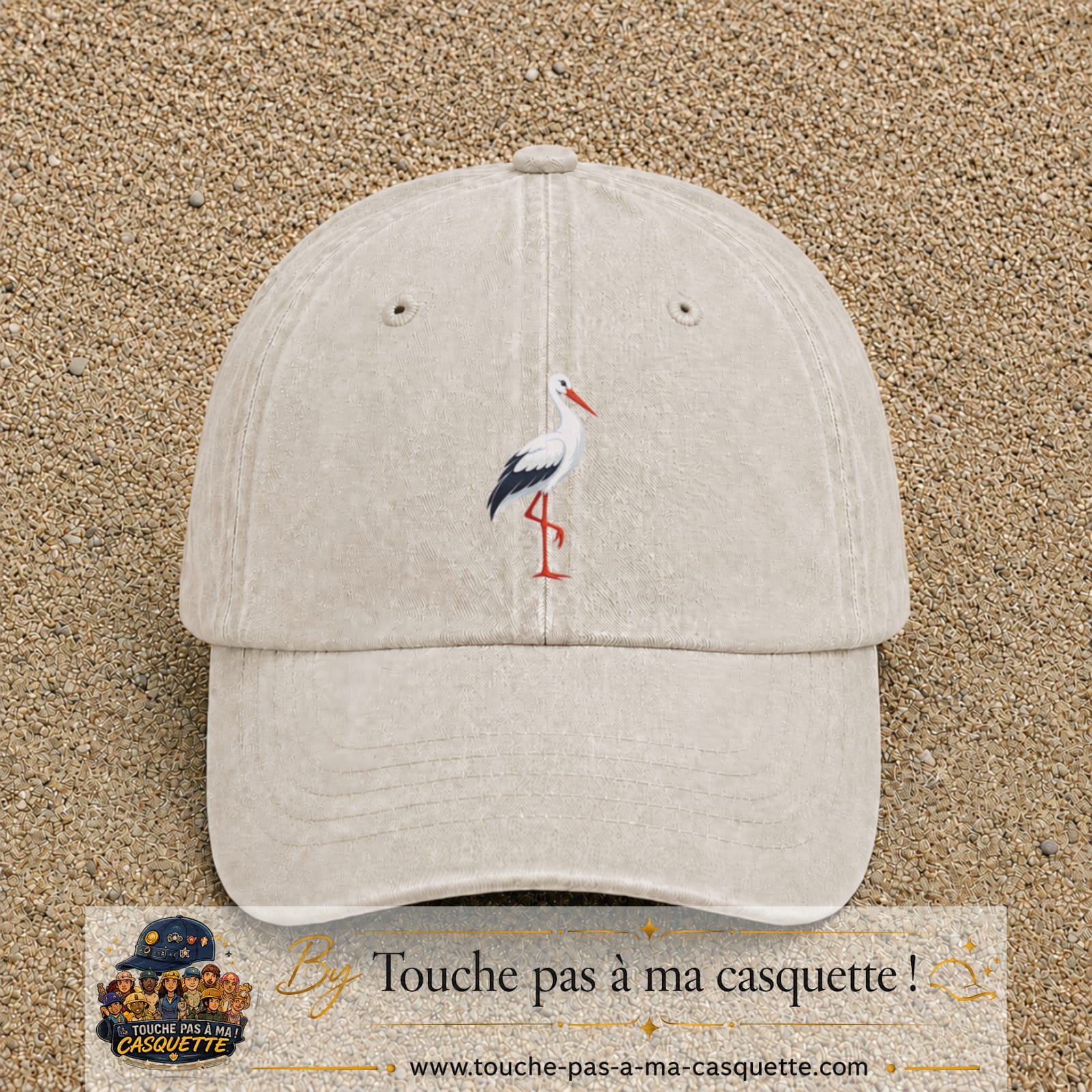 Casquette Beige clair délavé 100% coton avec motif Cigogne blanche 7 cm - image principale