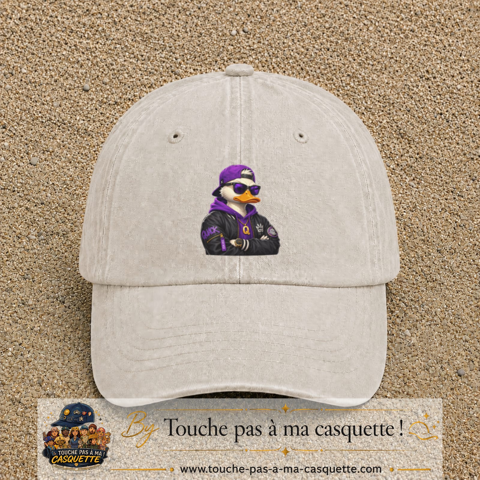 Casquette Beige clair délavé 100% coton avec motif Canard rappeur violet 7 cm - image principale