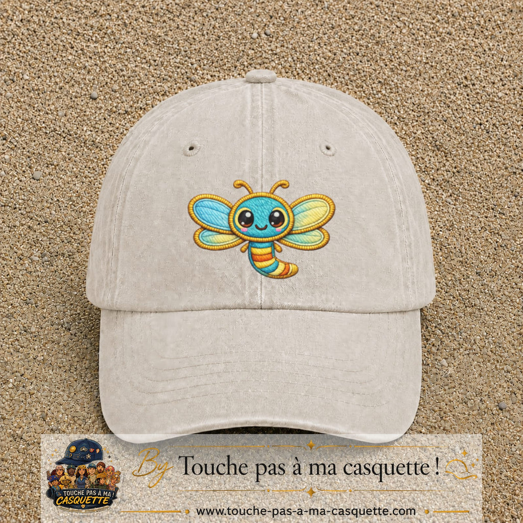 Casquette Beige clair délavé motif Libellule multicolore 7 cm - vue principale
