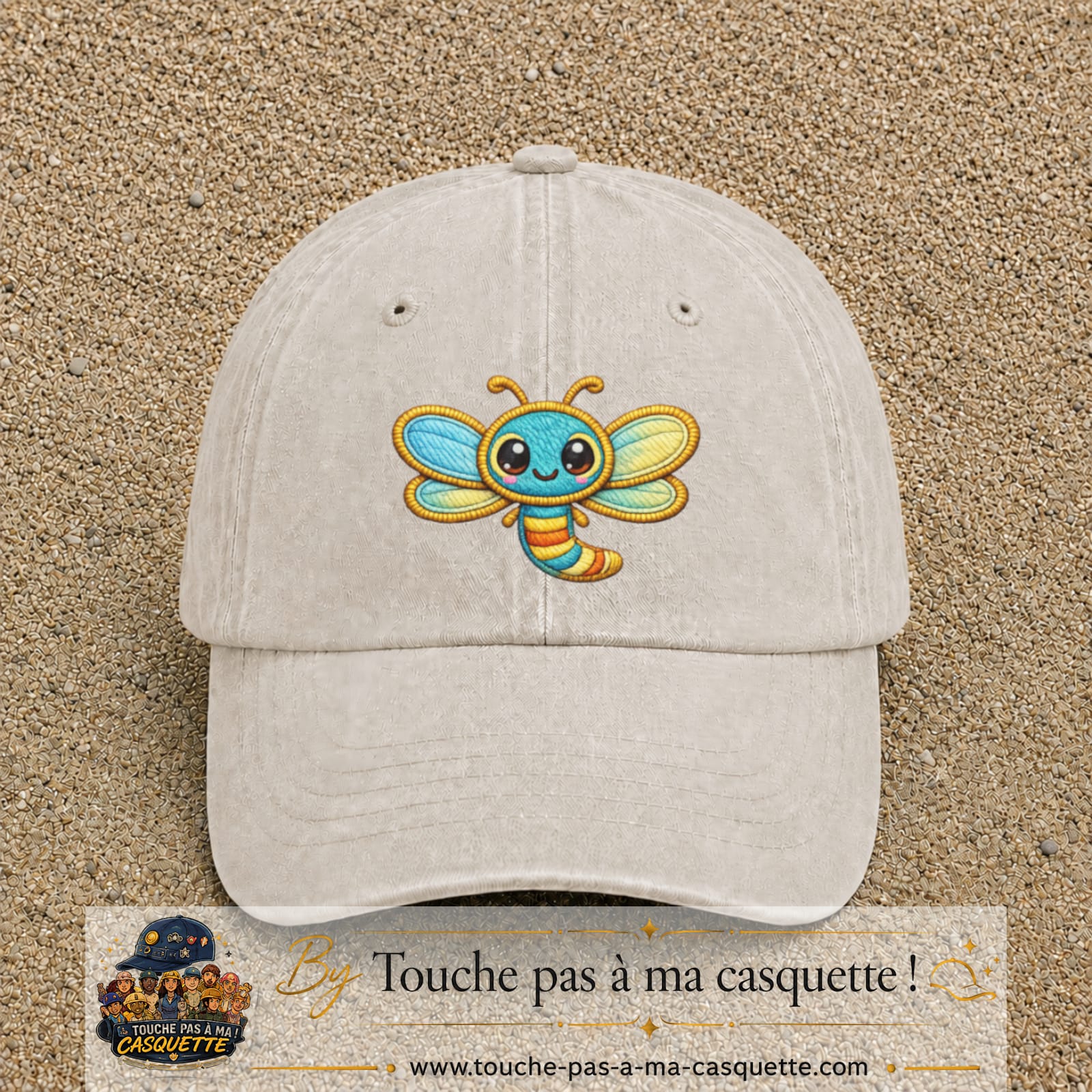 Casquette Beige clair délavé motif Libellule multicolore 7 cm - vue principale