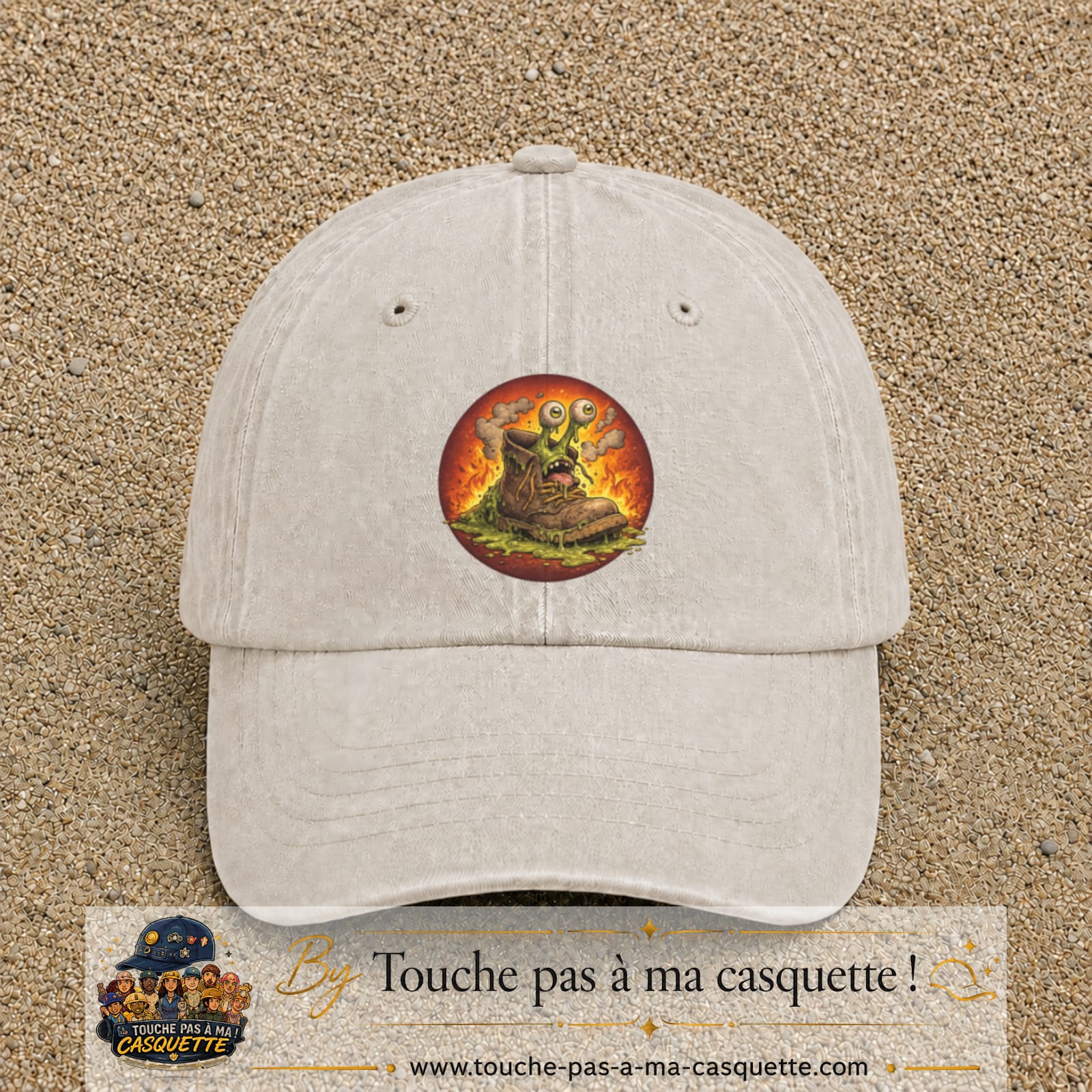Casquette baseball Beige clair délavé 100% coton avec visuel Chaussure monstre 7 cm - image produit principale
