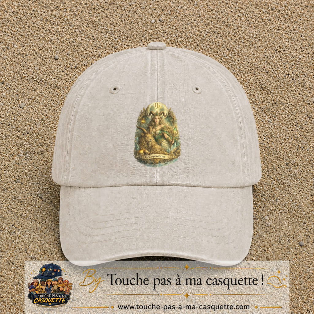 Casquette baseball Beige clair délavé 100% coton avec motif Capricorne astrologique 7 cm - image principale