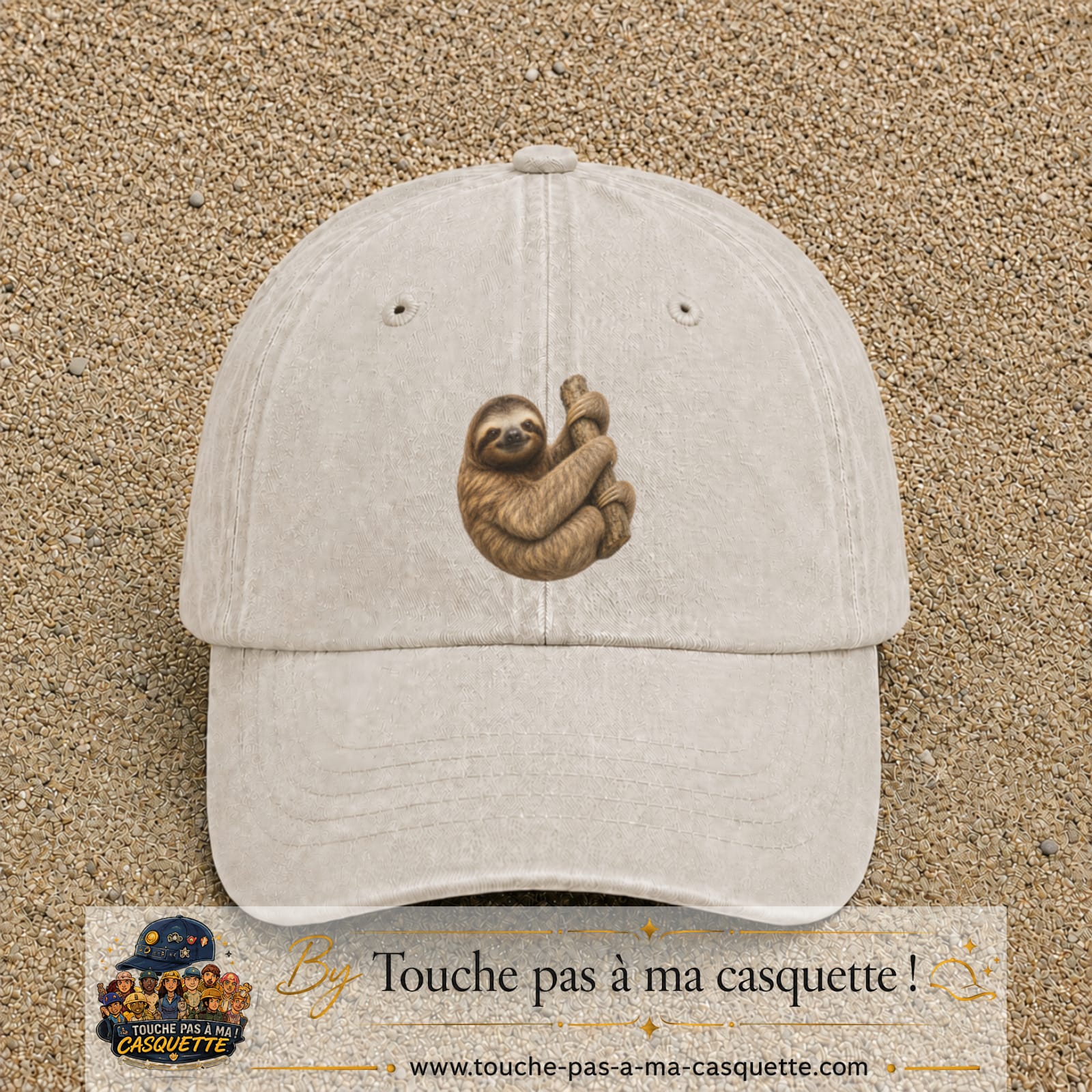 Casquette baseball Beige clair délavé 100% coton avec visuel Paresseux accroché 7 cm - image produit principale