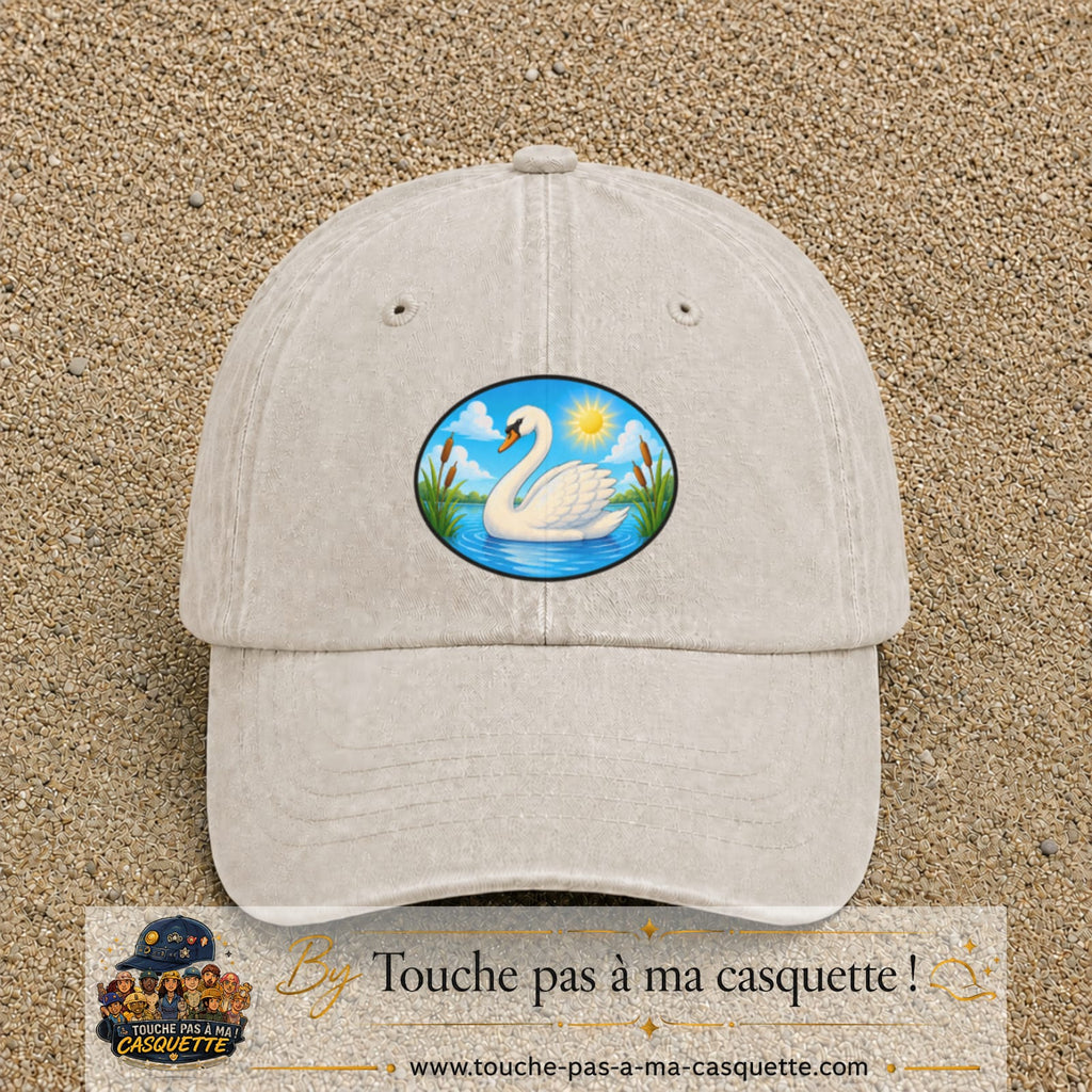 Casquette baseball Beige clair délavé 100% coton avec visuel Cygne sur lac 7 cm - image produit principale