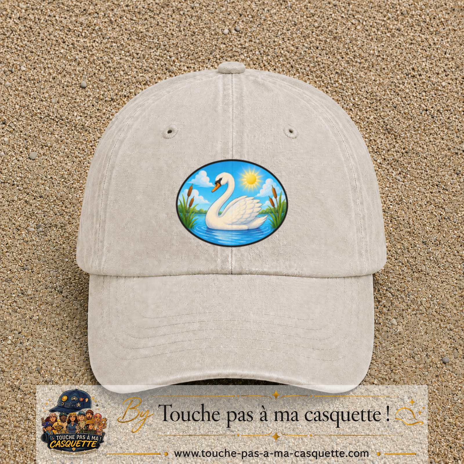 Casquette baseball Beige clair délavé 100% coton avec visuel Cygne sur lac 7 cm - image produit principale