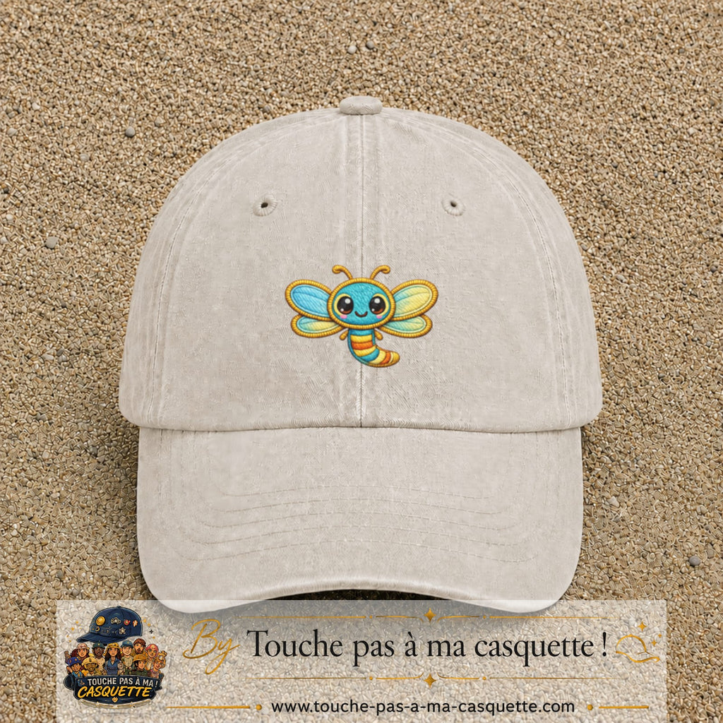 Casquette Beige clair délavé motif Libellule multicolore 5 cm - vue principale