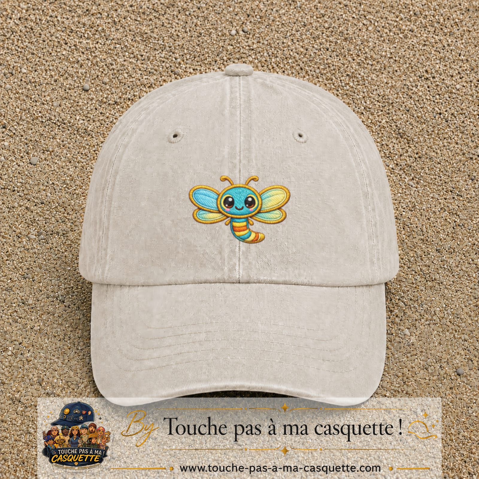Casquette Beige clair délavé motif Libellule multicolore 5 cm - vue principale