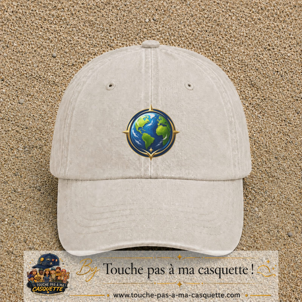 Casquette baseball Beige clair délavé 100% coton avec visuel Terre compas 7 cm - image produit principale