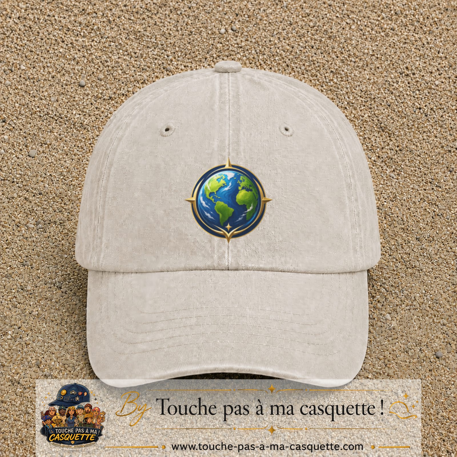 Casquette baseball Beige clair délavé 100% coton avec visuel Terre compas 7 cm - image produit principale