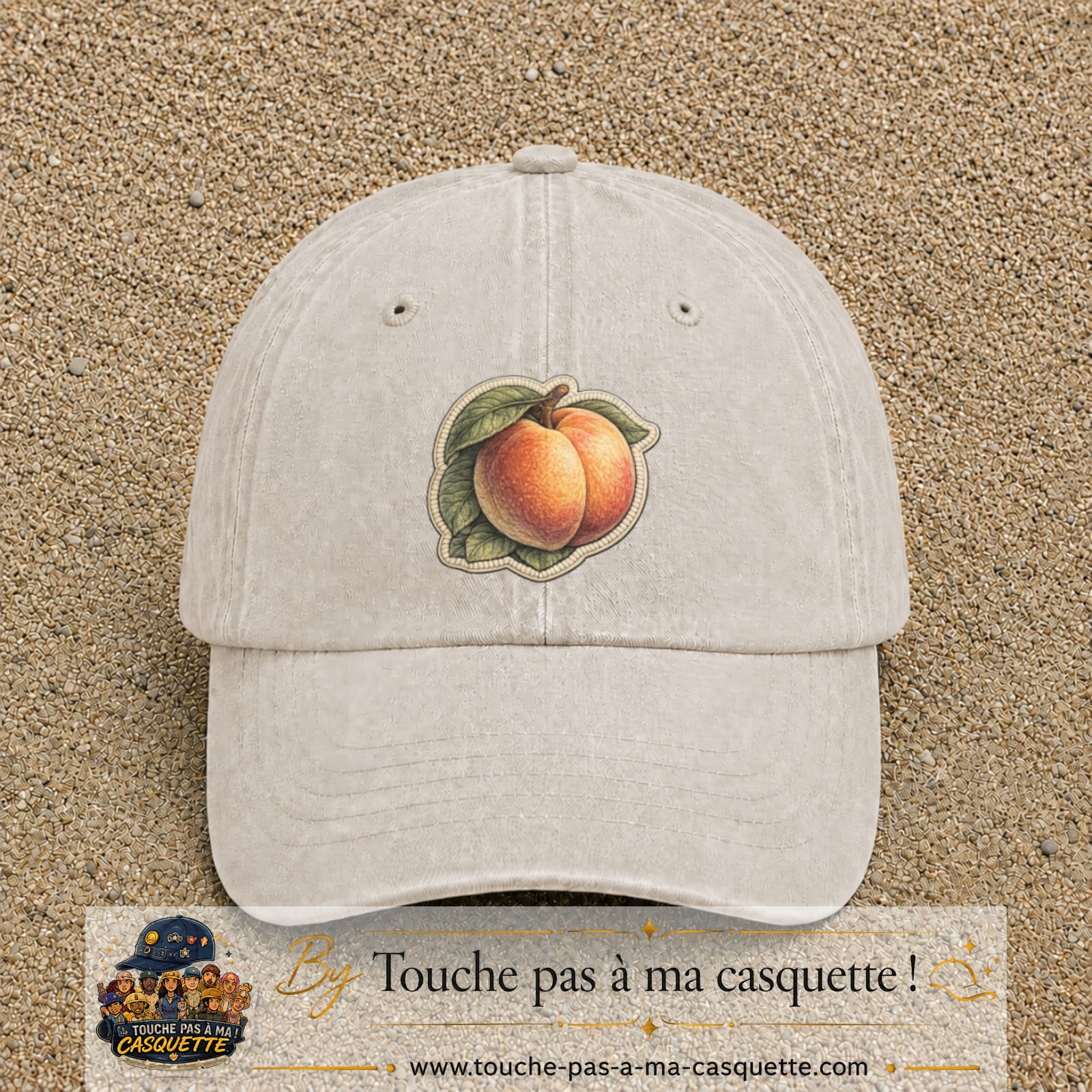 Casquette Beige clair délavé motif Pêches fruitées 7 cm - vue principale