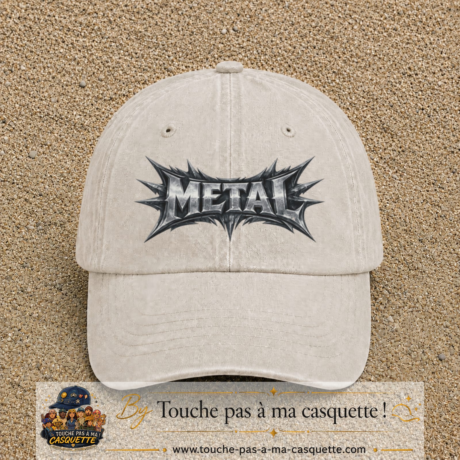 Casquette baseball Beige clair délavé 100% coton avec visuel Typographie métal 7 cm - image produit principale