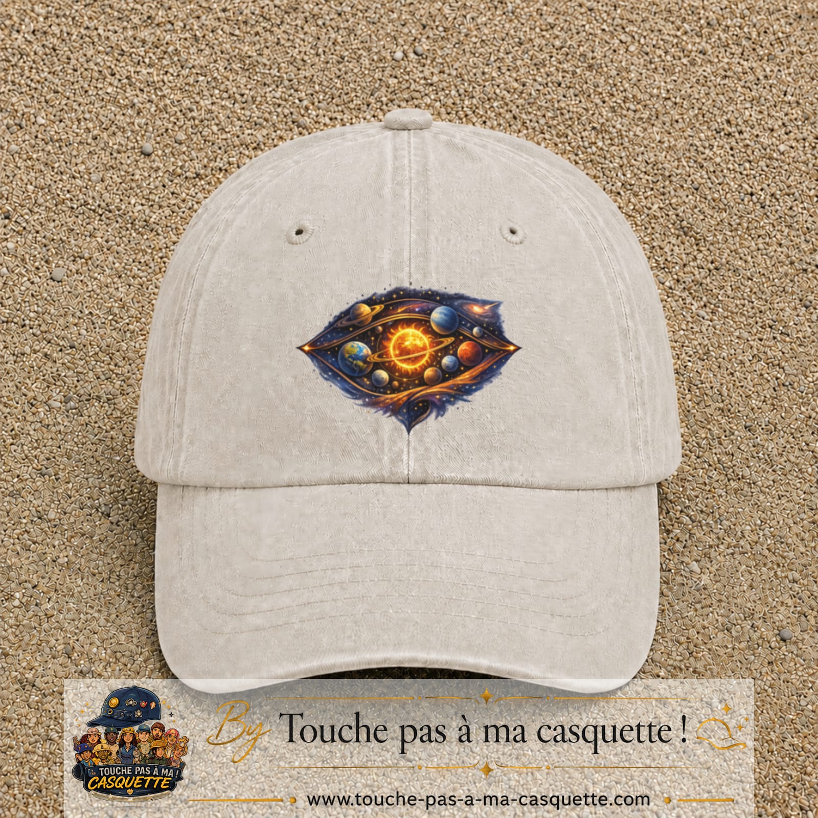 Casquette baseball Beige clair délavé 100% coton avec visuel Galaxie système solaire 7 cm - image produit principale