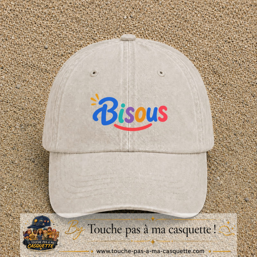 Casquette baseball Beige clair délavé 100% coton avec visuel Bisous coloré 5 cm - image produit principale