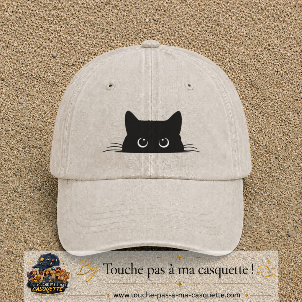 Casquette baseball Beige clair délavé 100% coton avec visuel Chat noir cache-cache 5 cm - image produit principale