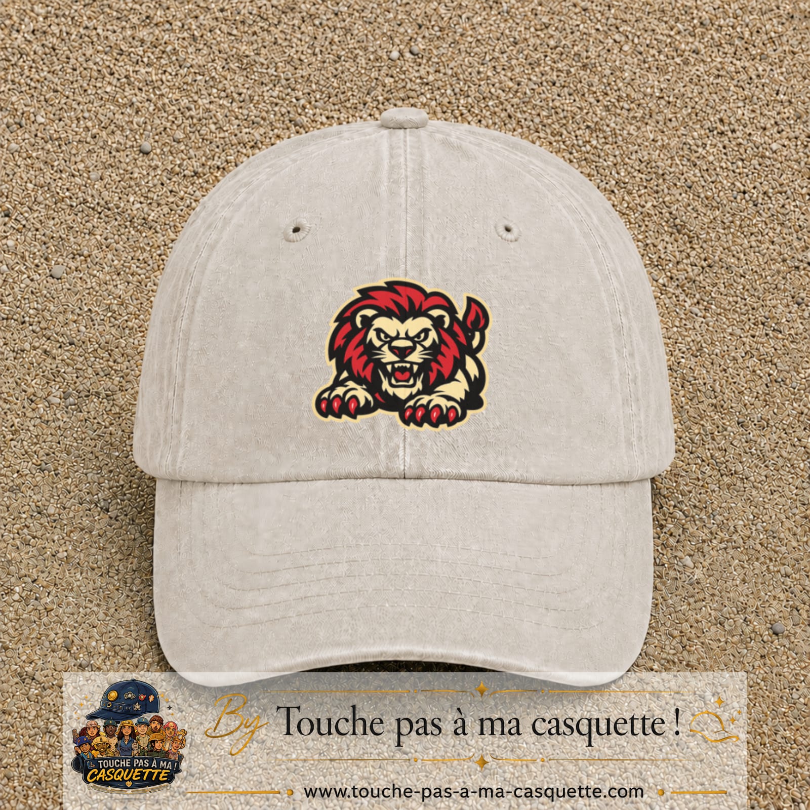 Casquette Beige clair délavé 100% coton avec motif Lion rouge rugissant 7 cm - image principale