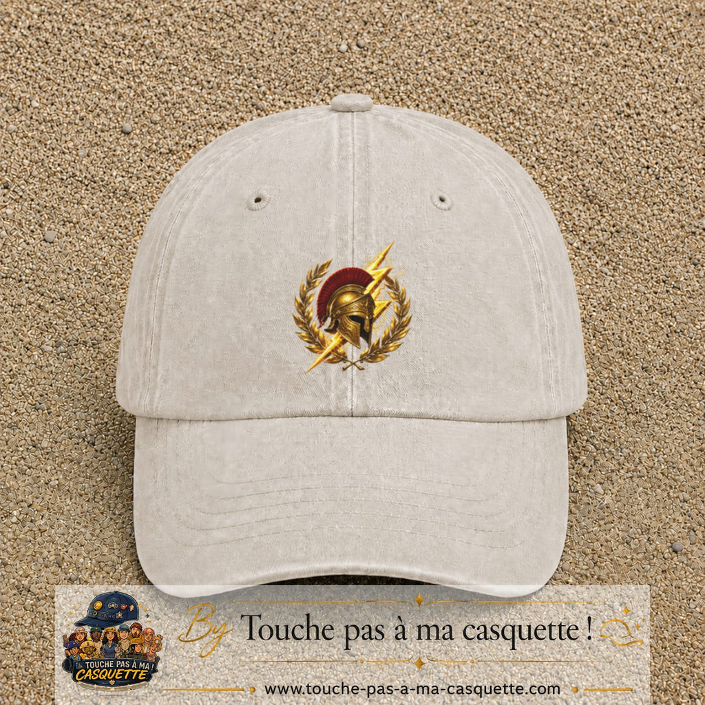 Casquette Beige clair délavé 100% coton avec motif Casque spartiate éclair doré 7 cm - image principale