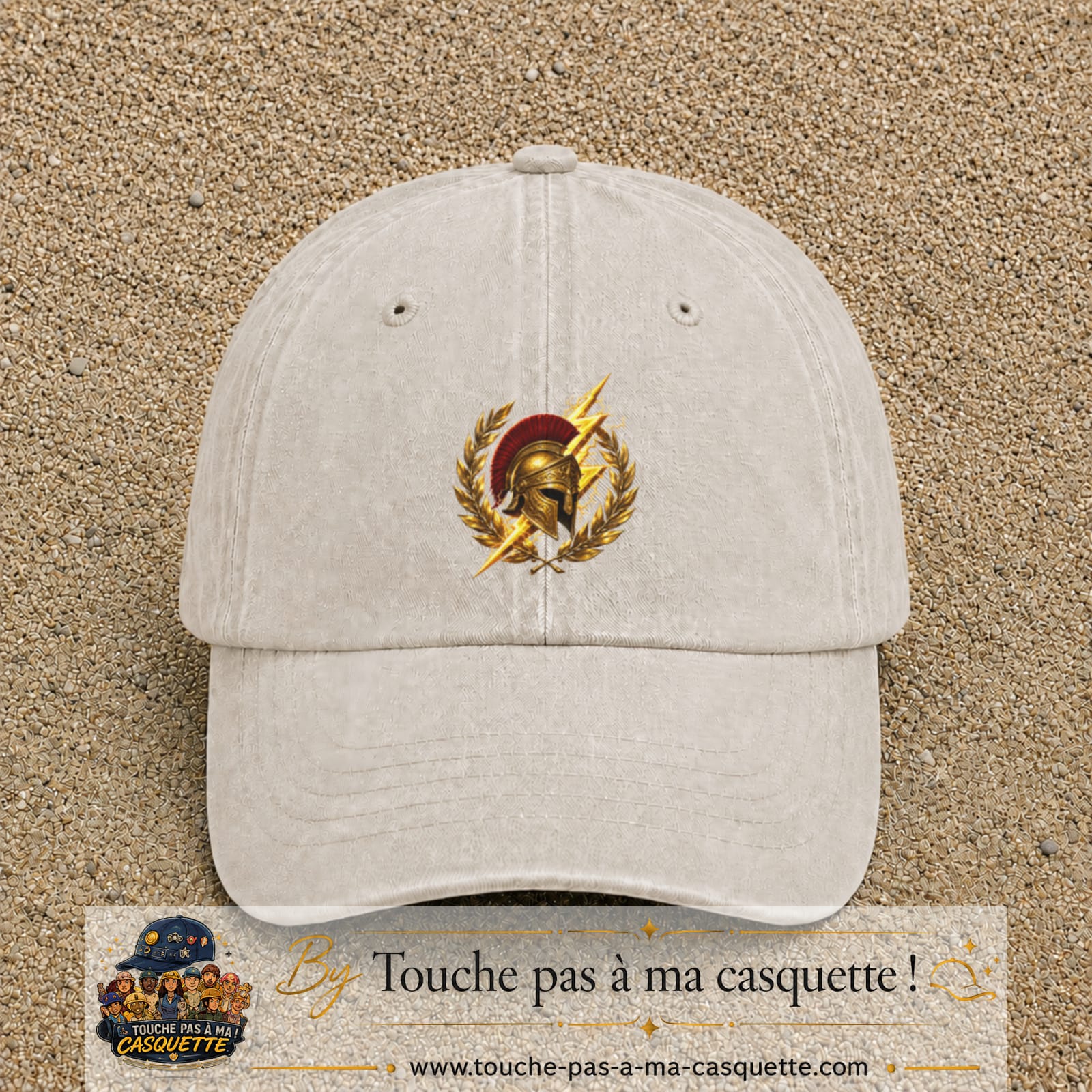 Casquette Beige clair délavé 100% coton avec motif Casque spartiate éclair doré 7 cm - image principale