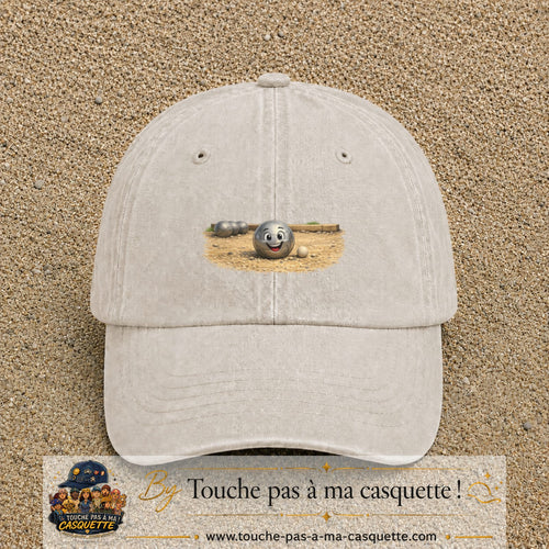 Casquette baseball Beige clair délavé 100% coton avec motif Boule de pétanque souriante 7 cm - image principale