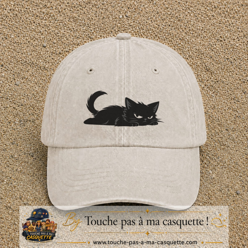 Casquette baseball Beige clair délavé 100% coton avec visuel Chat noir couché 5 cm - image produit principale