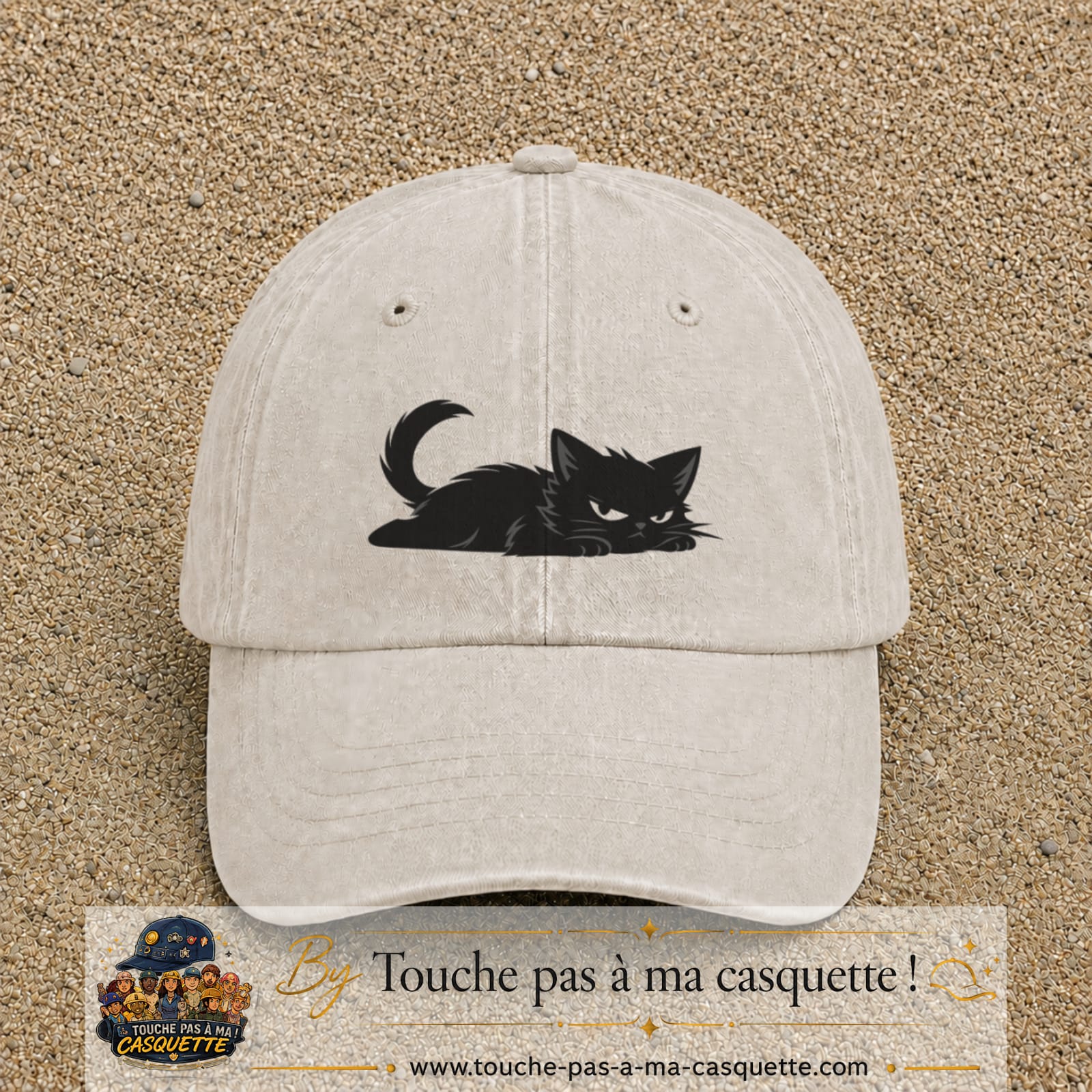 Casquette baseball Beige clair délavé 100% coton avec visuel Chat noir couché 5 cm - image produit principale