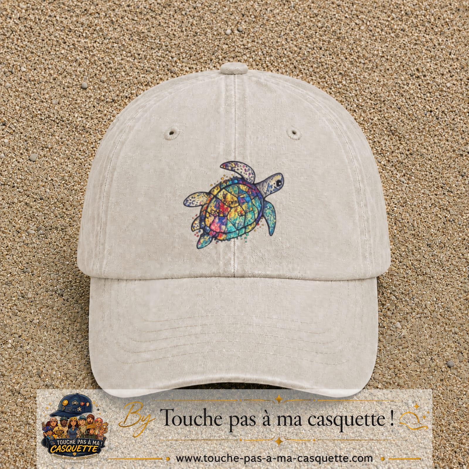 Casquette Beige clair délavé motif Tortue multicolore 7 cm - vue principale