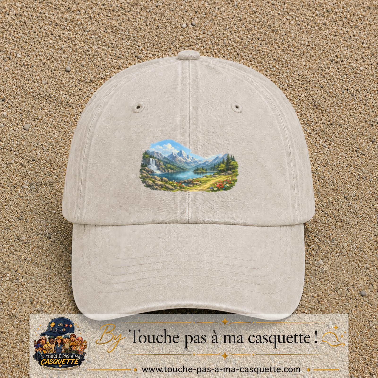 Casquette baseball Beige clair délavé 100% coton avec motif Paysage montagne lac 5 cm - image principale