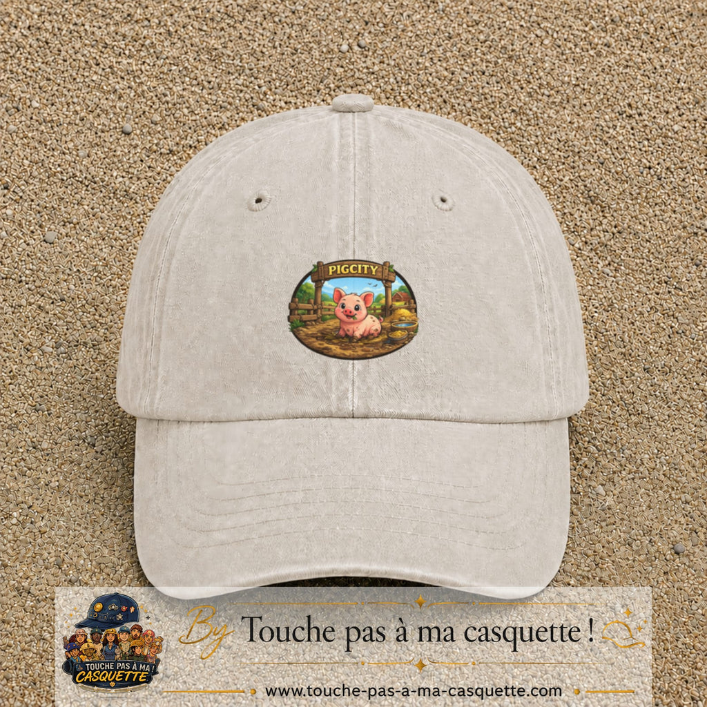 Casquette baseball Beige clair délavé 100% coton avec visuel Pigcity cochon 5 cm - image produit principale