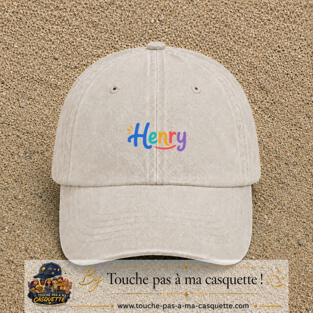 Casquette baseball Beige clair délavé 100% coton avec visuel Prénom Henry coloré 3 cm - image produit principale