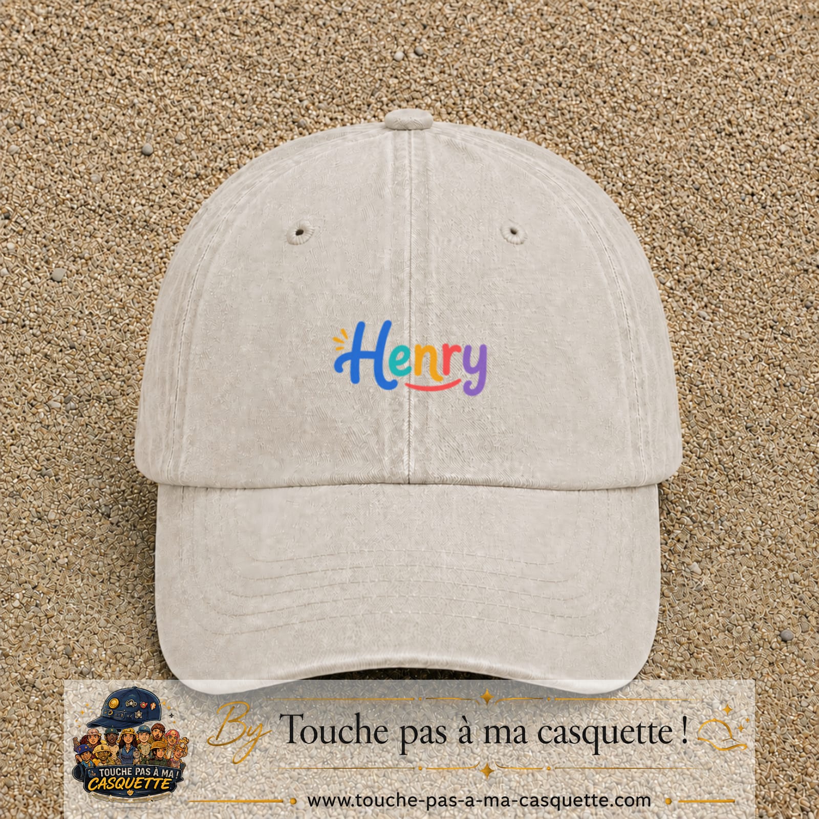 Casquette baseball Beige clair délavé 100% coton avec visuel Prénom Henry coloré 3 cm - image produit principale