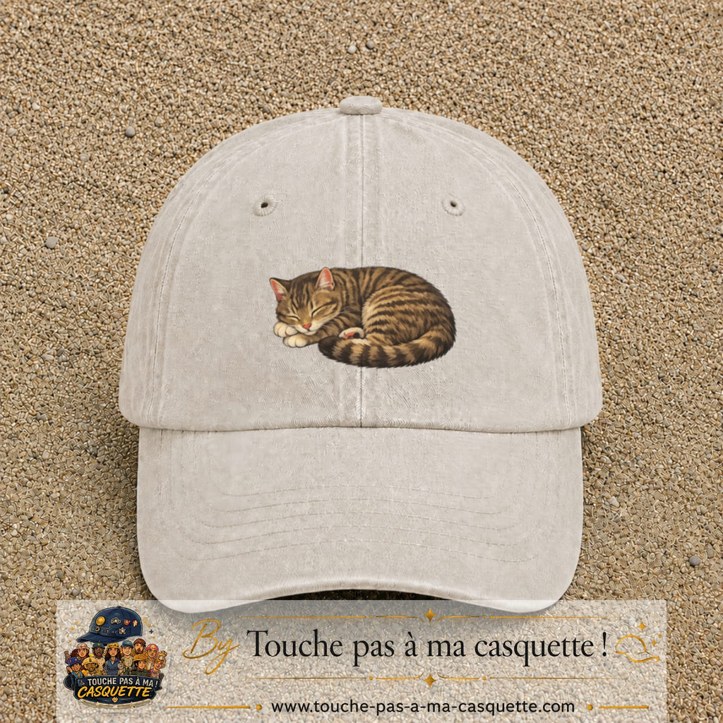 Casquette baseball Beige clair délavé 100% coton avec motif Chat endormi 5 cm - image principale