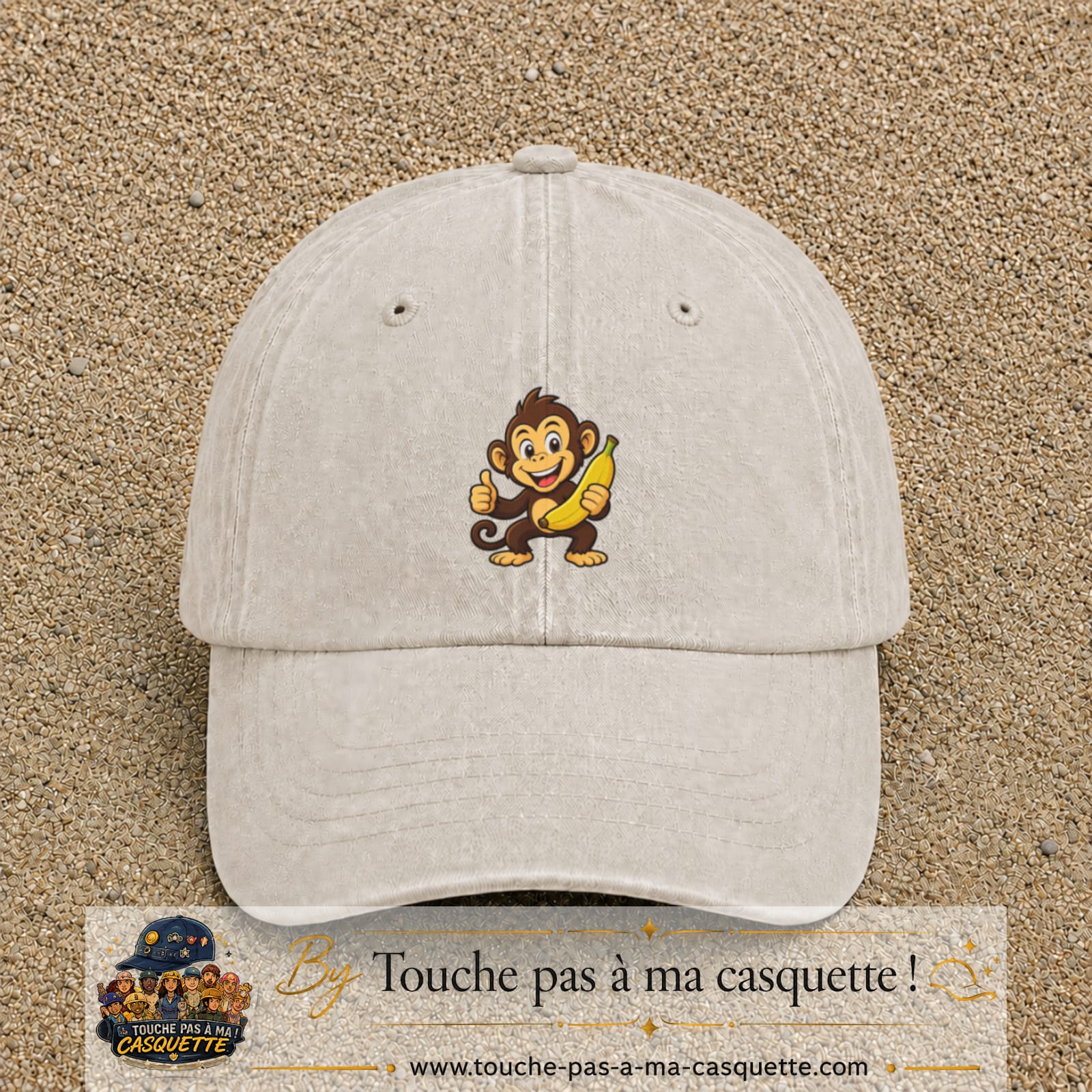 Casquette baseball Beige clair délavé 100% coton avec motif Singe à la banane 5 cm - image principale