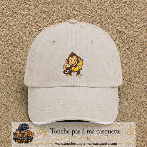 Casquette baseball Beige clair délavé 100% coton avec motif Singe à la banane 5 cm - image principale