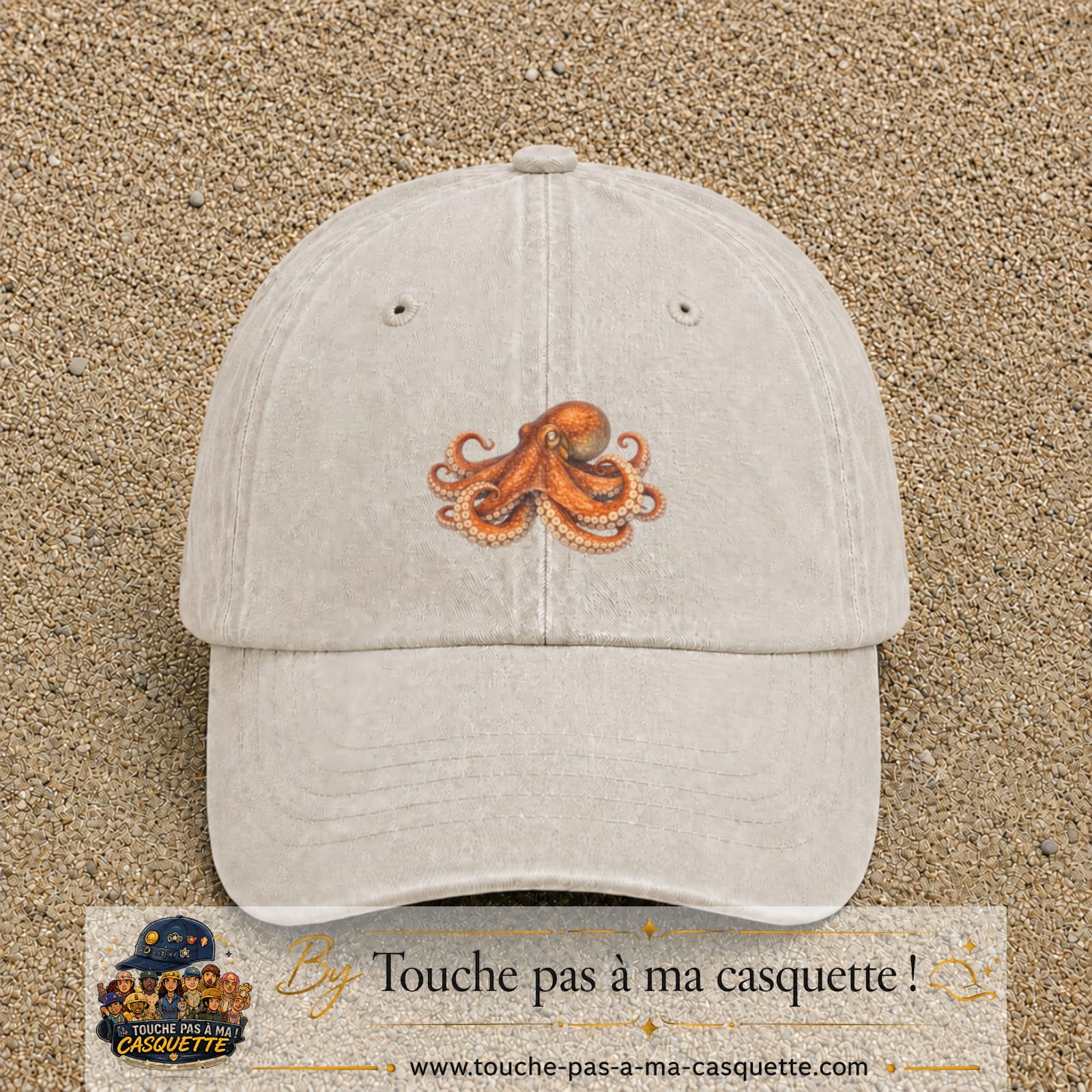 Casquette Beige clair délavé motif Poulpe marin 5 cm - vue principale