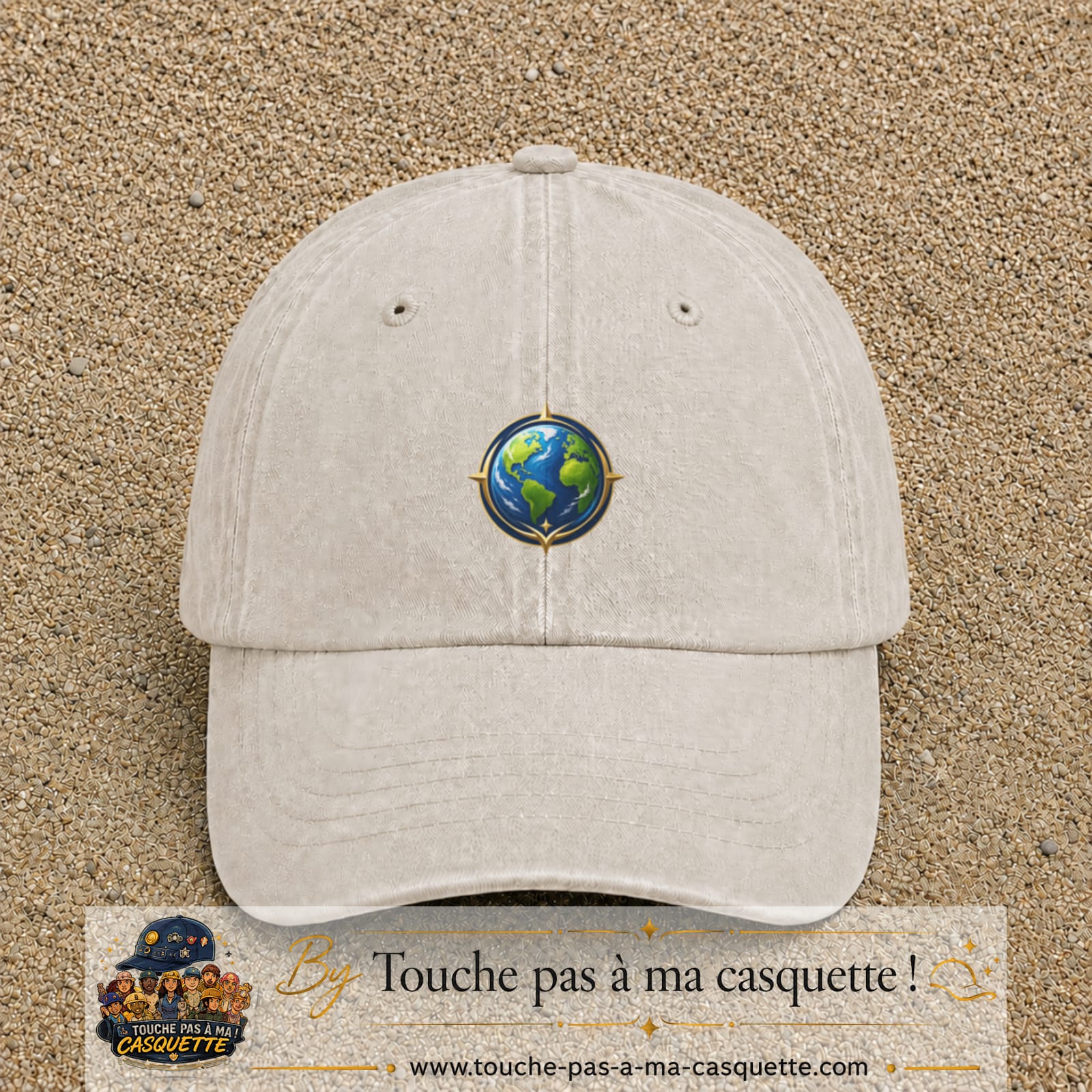 Casquette baseball Beige clair délavé 100% coton avec visuel Terre compas 5 cm - image produit principale