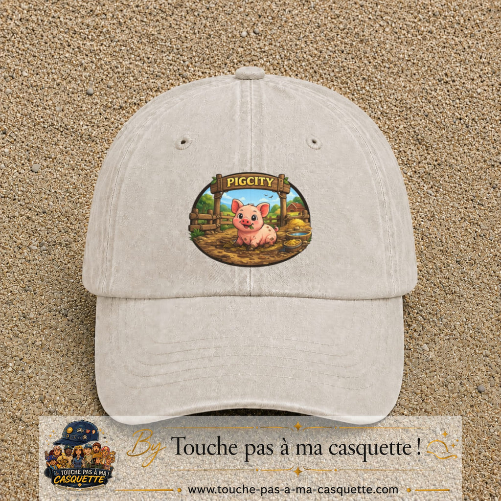 Casquette baseball Beige clair délavé 100% coton avec visuel Pigcity cochon 7 cm - image produit principale