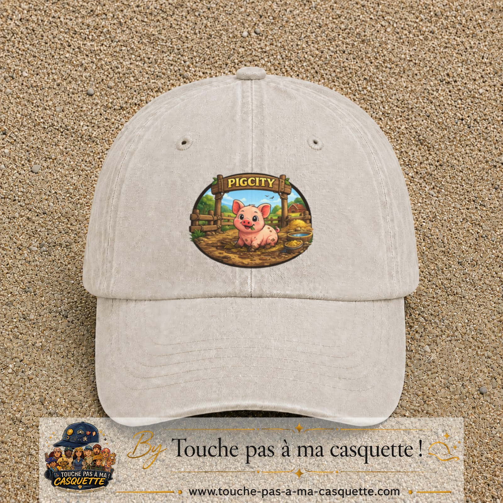Casquette baseball Beige clair délavé 100% coton avec visuel Pigcity cochon 7 cm - image produit principale