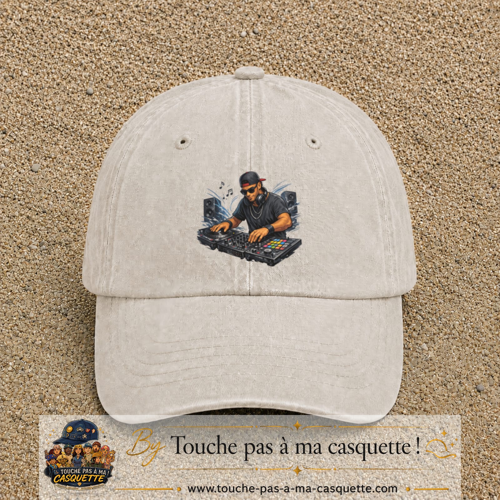Casquette Beige clair délavé 100% coton avec motif DJ aux platines 7 cm - image principale