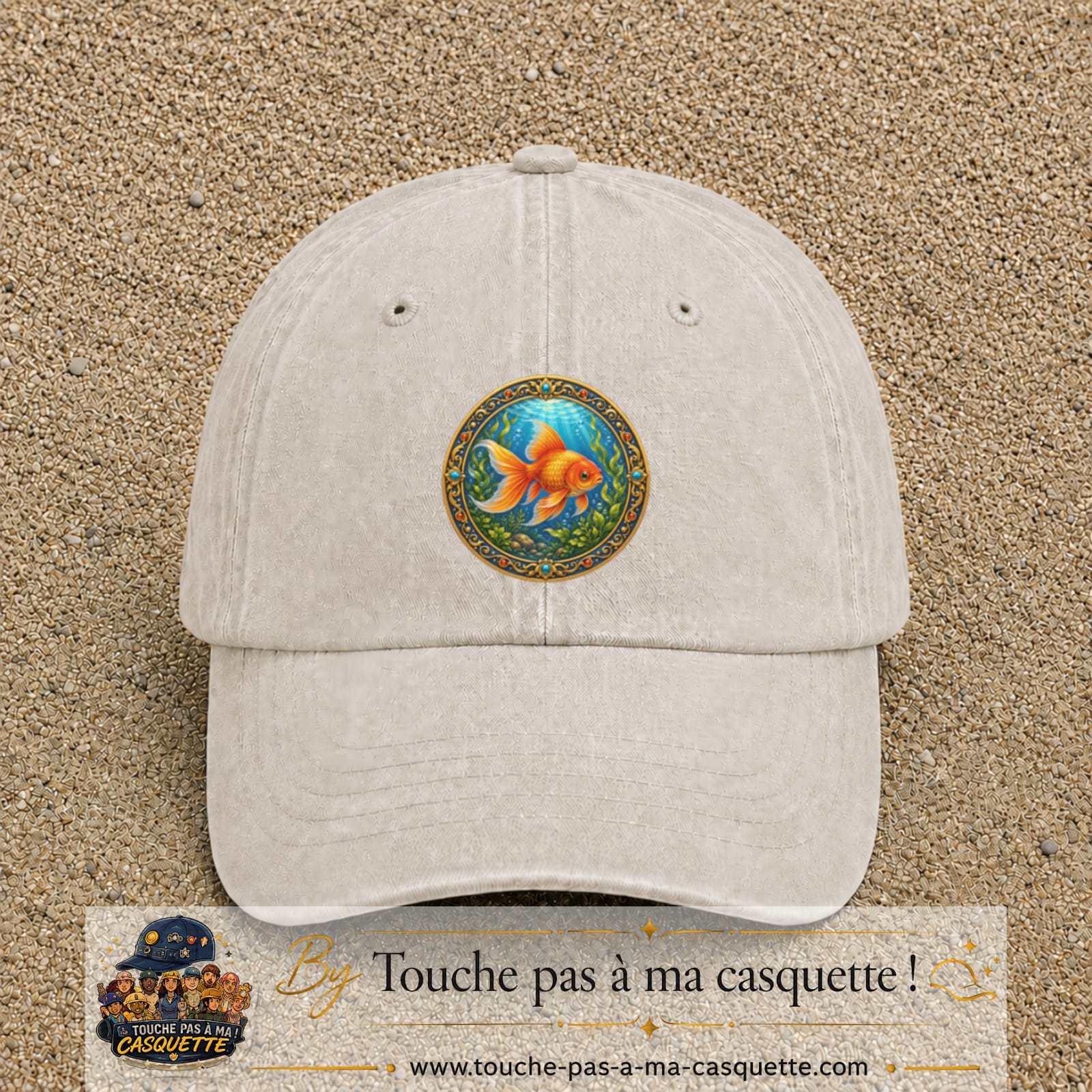 Casquette baseball Beige clair délavé 100% coton avec visuel Poisson rouge aquarium 7 cm - image produit principale