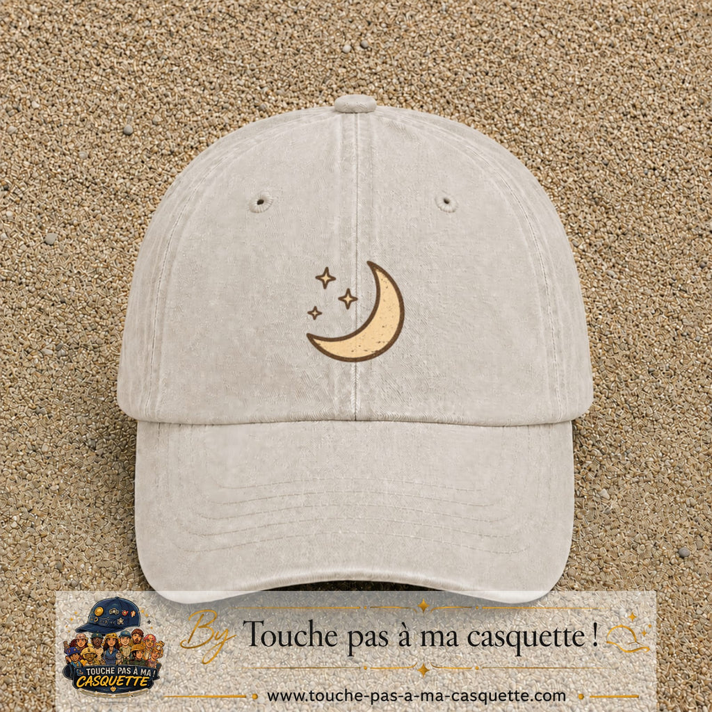 Casquette Beige clair délavé 100% coton avec motif Lune et étoiles bohèmes 5 cm - image principale