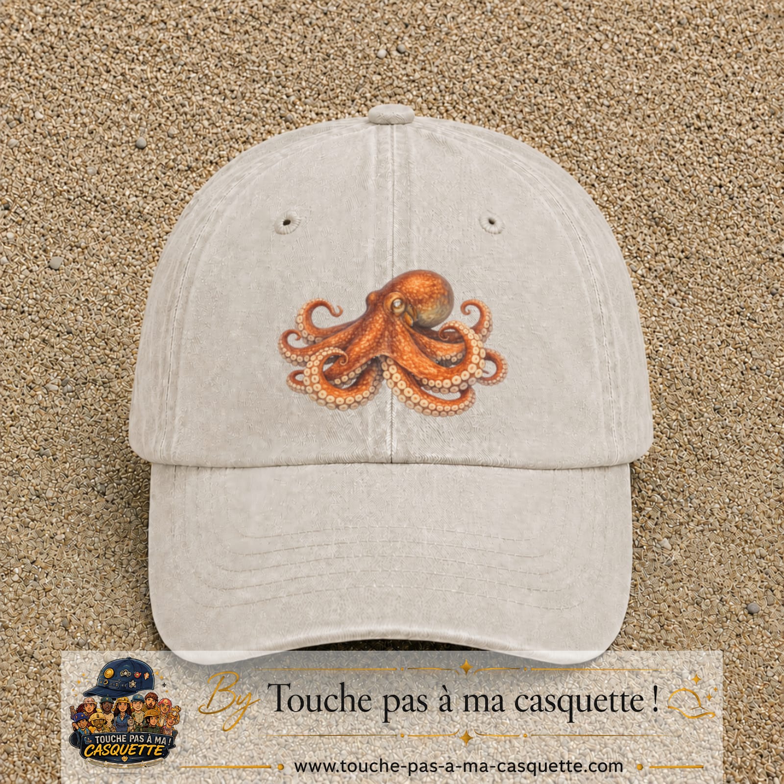 Casquette Beige clair délavé motif Poulpe marin 7 cm - vue principale