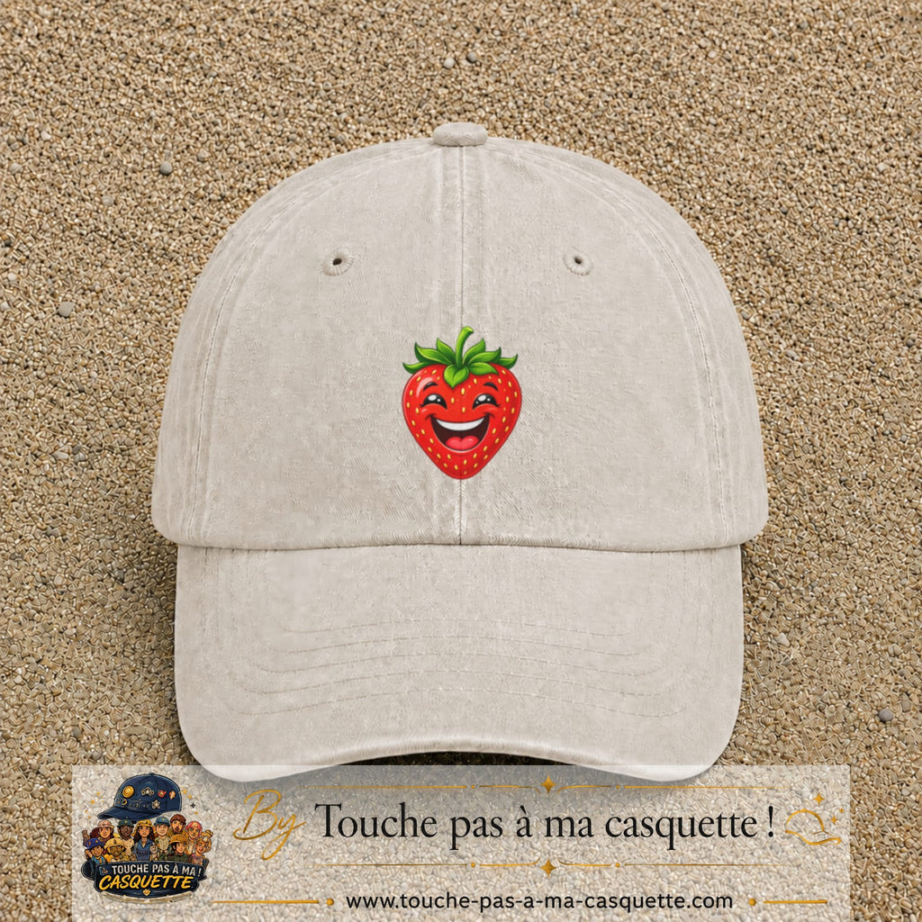 Casquette baseball Beige clair délavé 100% coton avec motif Fraise souriante 5 cm - image principale